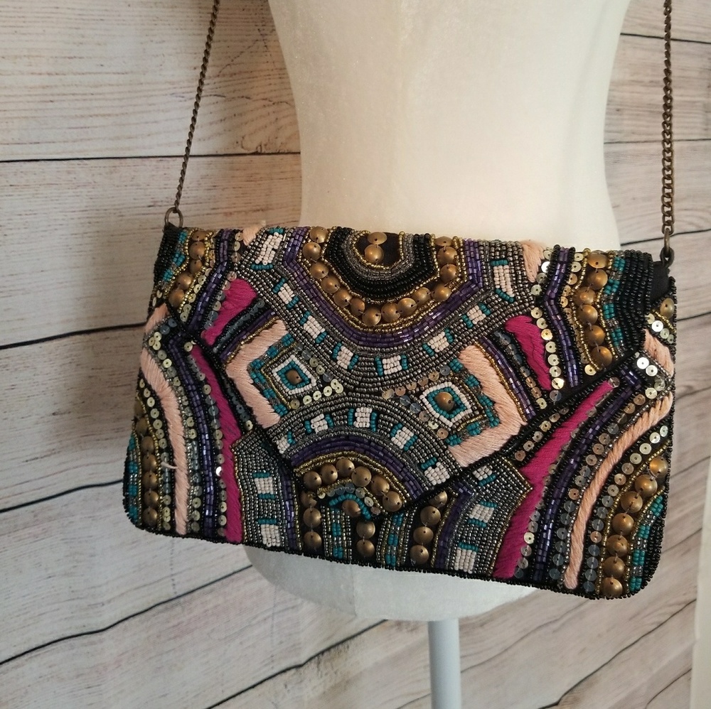 Beaded boho clutch cross body bag purse